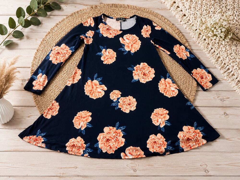 French Atmosphere Floral A-Line Dress L Navy Coral Long Sleeve Stretch